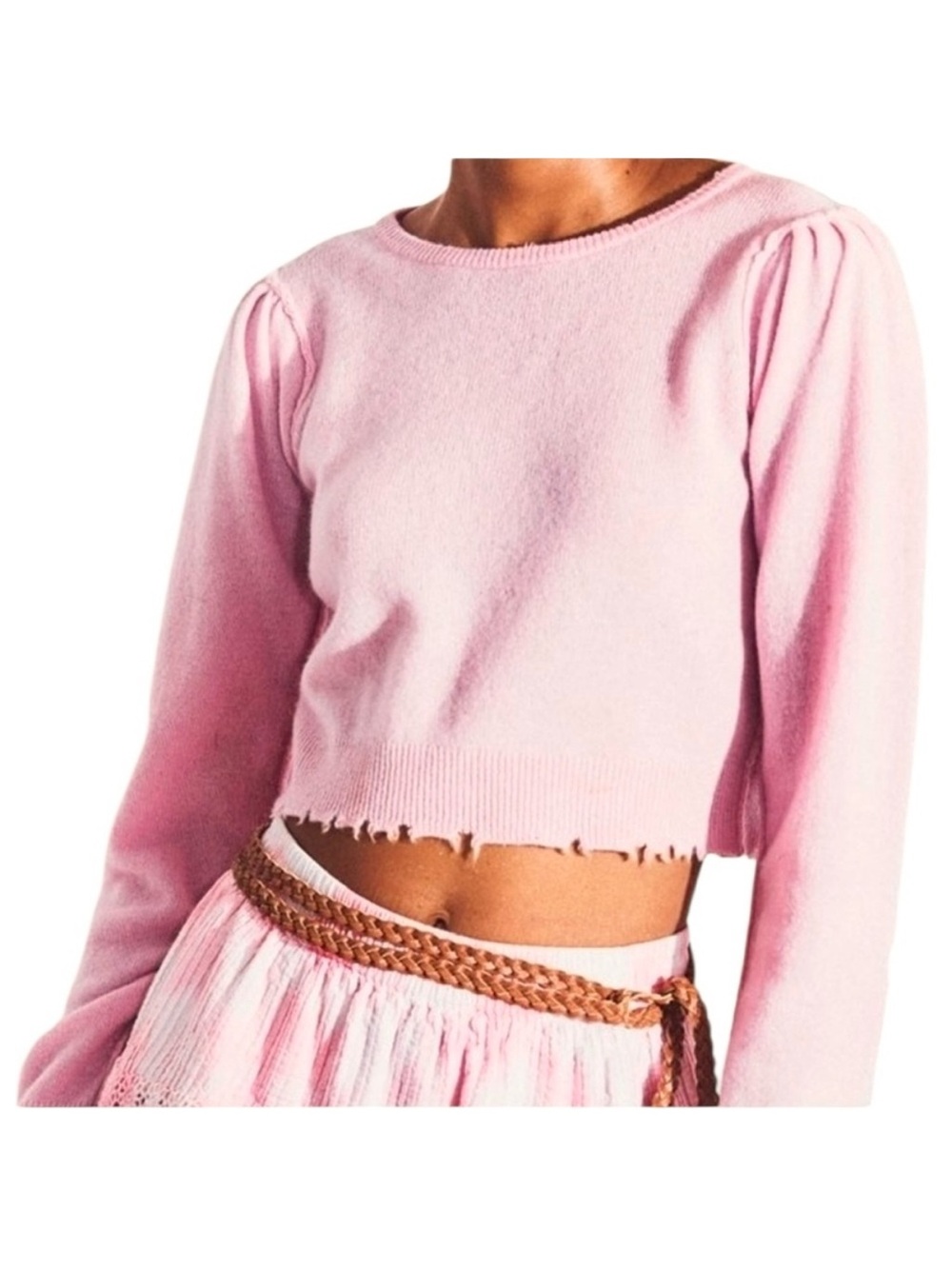 LoveShackFancy Pink Cropped Puff-Sleeve Sweater Top